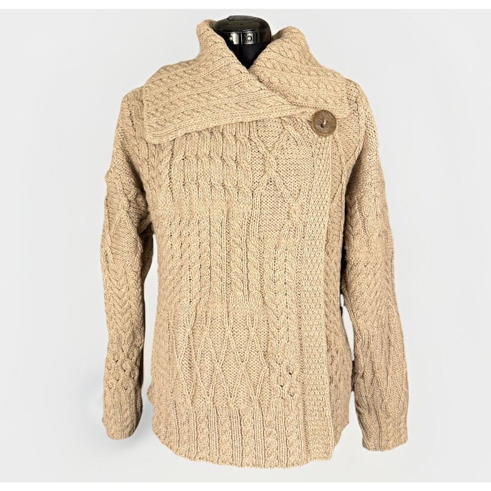 Blarney Woolen Mills XL Wool Cardigan Cream Chunky Fisherman Cable Knit Sweater